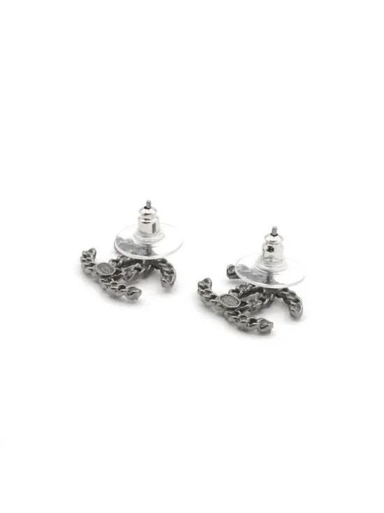 Chanel Earrings Silver Black Coco Mark Rhinestone - Picture 3 of 10